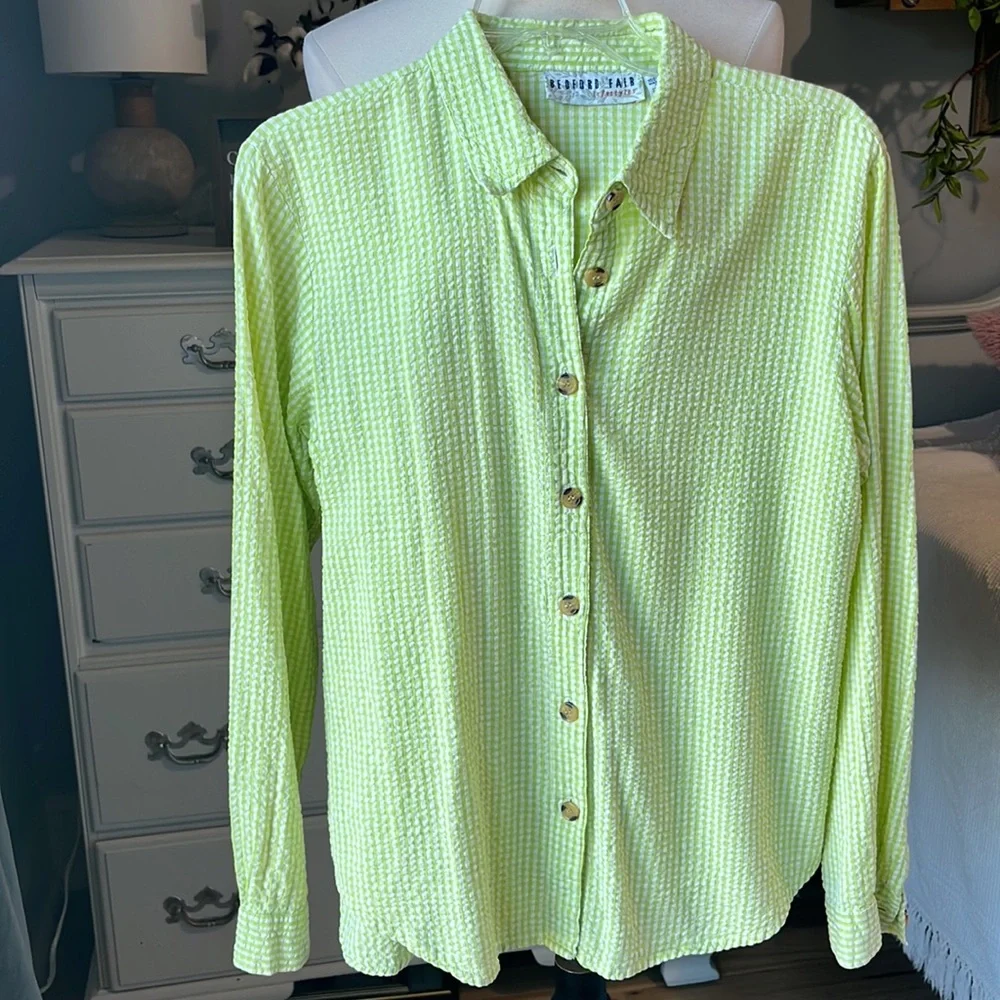 Vintage Bedford Fair Lifestyles Lime Green 90s Seersucker Checked Blouse Women M - Picture 9 of 9